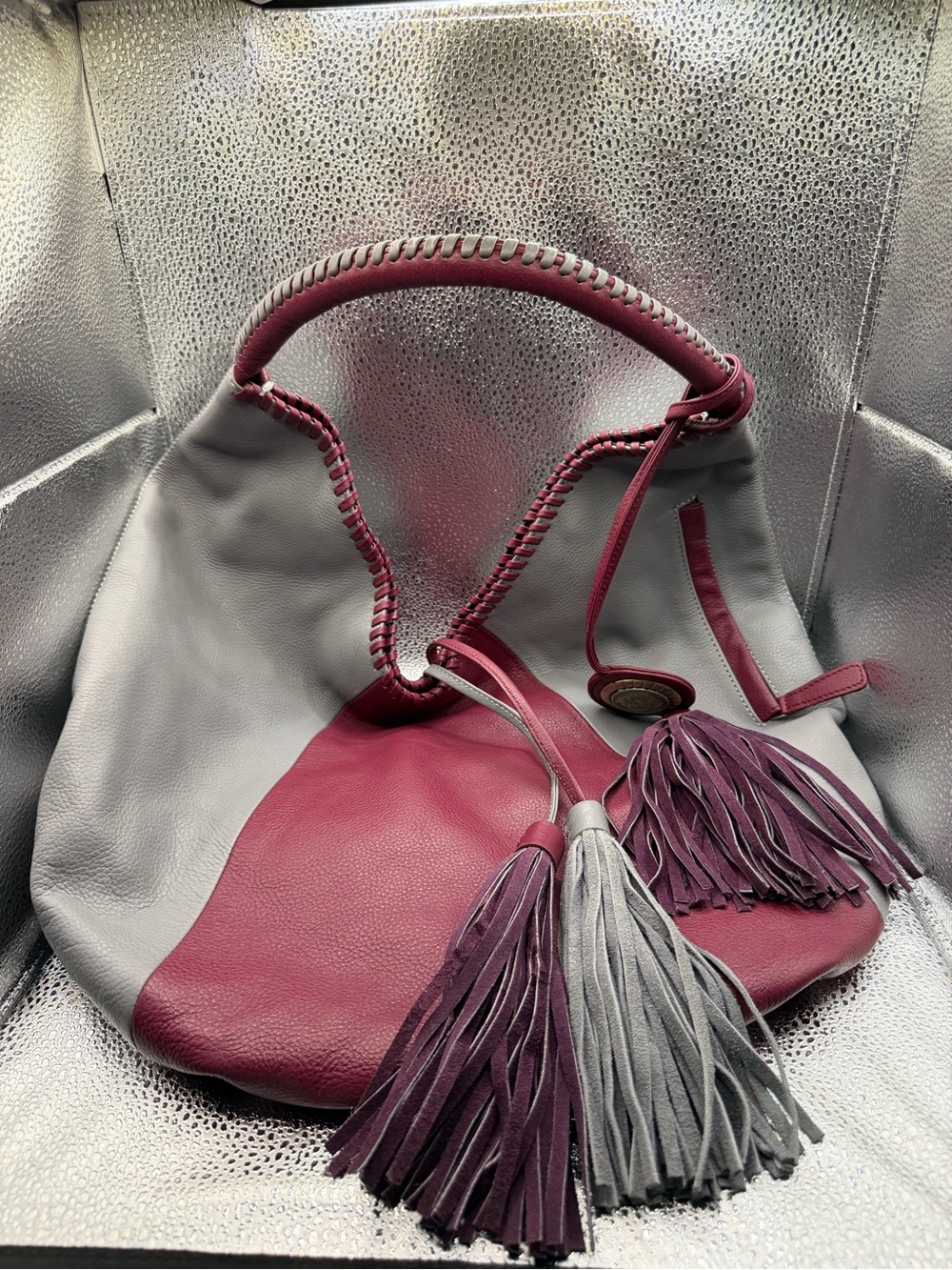 Sharif Two-Tone Gray and Wine Leather Tassel Hobo